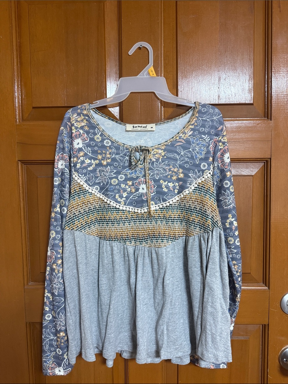 Three Bird Nest Gray Floral Mixed-Media Tunic Top